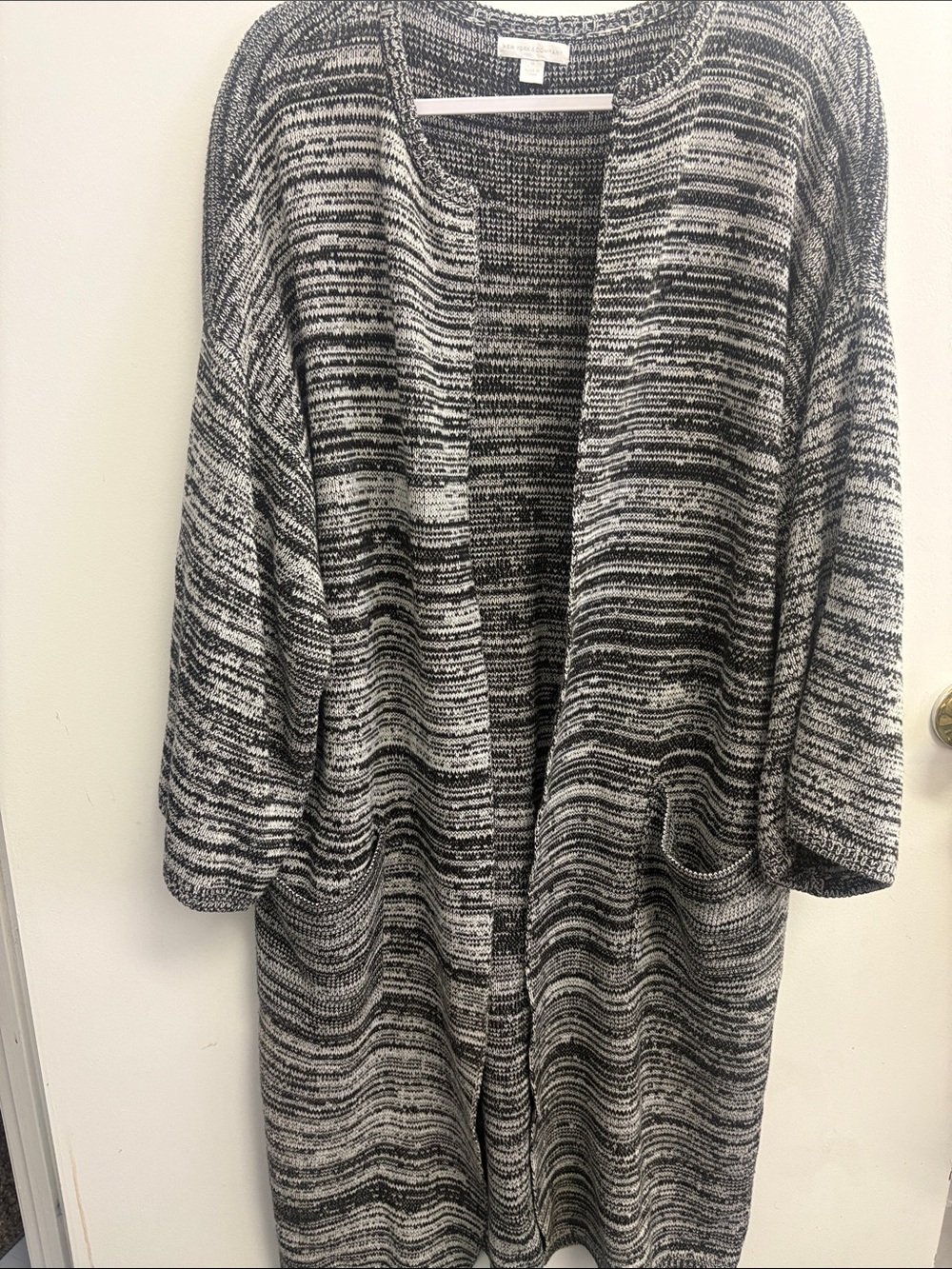 New York & Company Black and White Marled Open-Front Cardigan